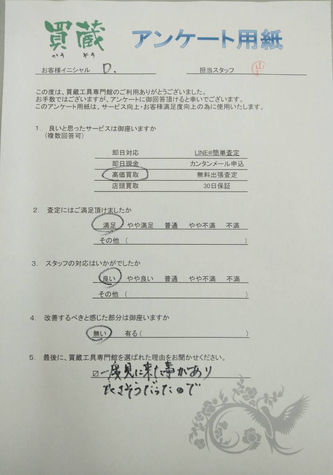 O様にご記入いただいたアンケート用紙