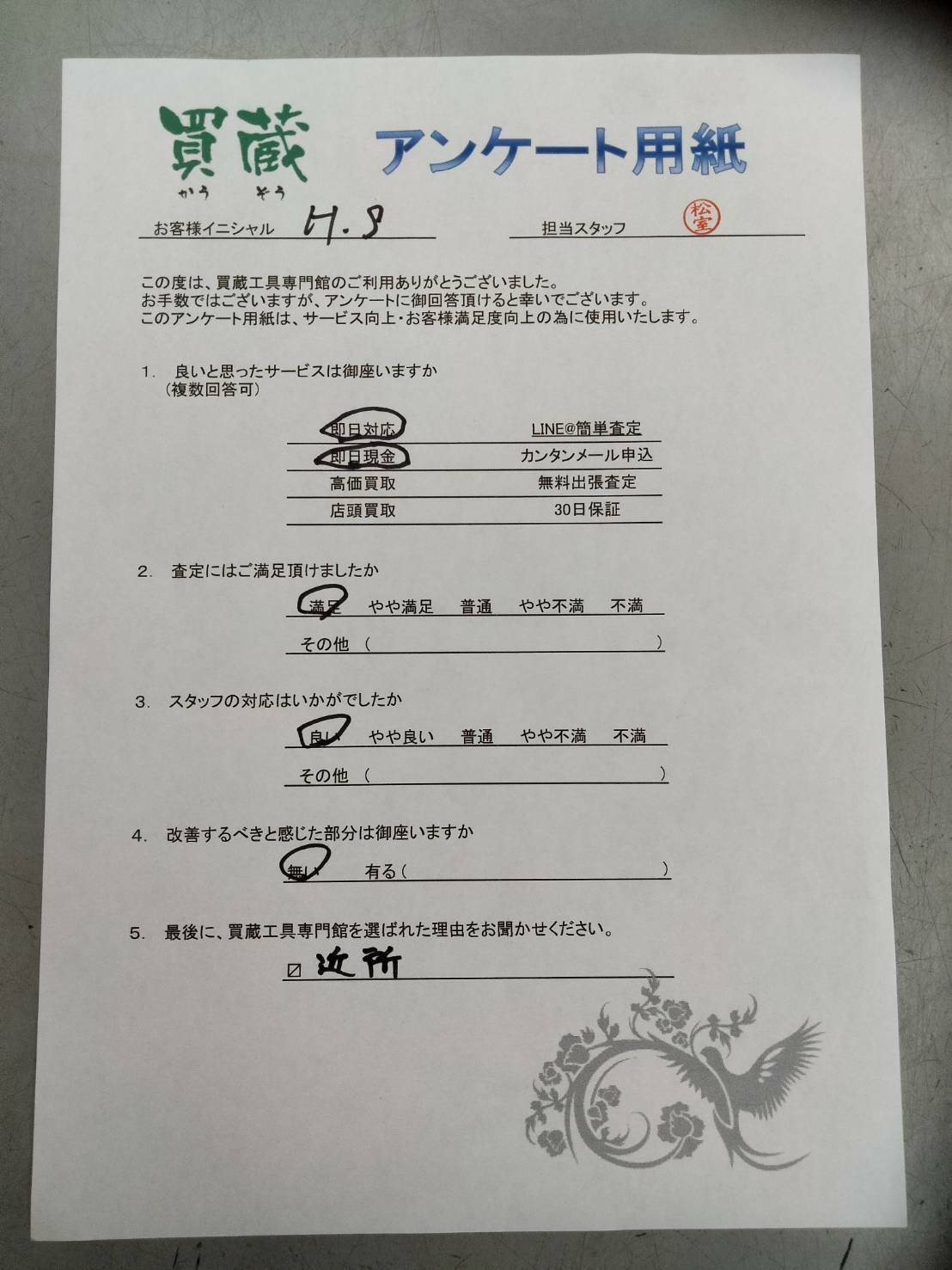 H.S様にご記入いただいたアンケート用紙