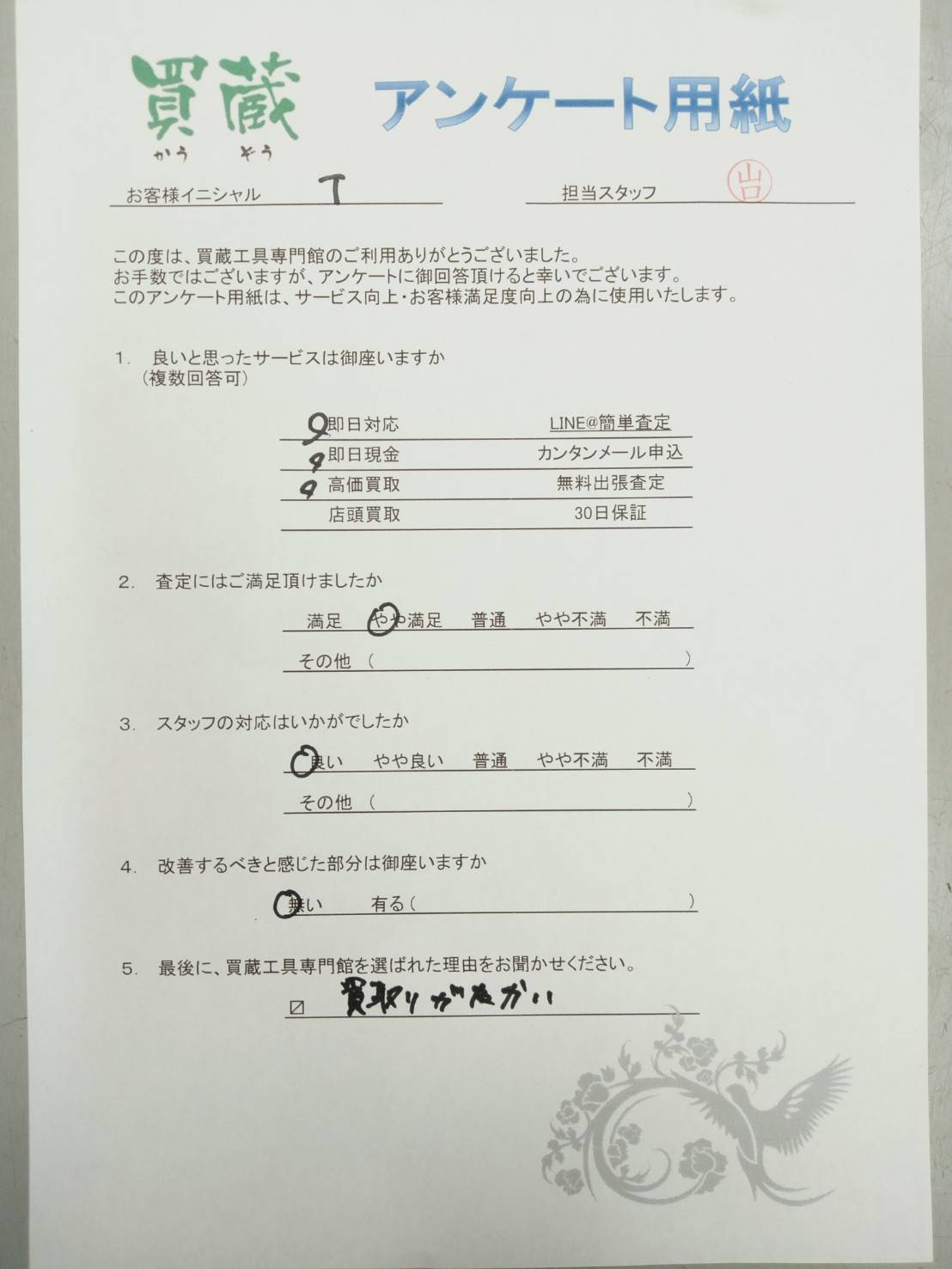 T様にご記入いただいたアンケート用紙