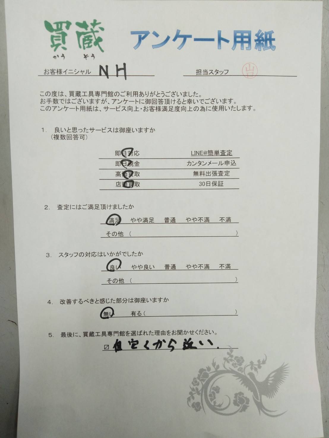 N.H様にご記入いただいたアンケート用紙