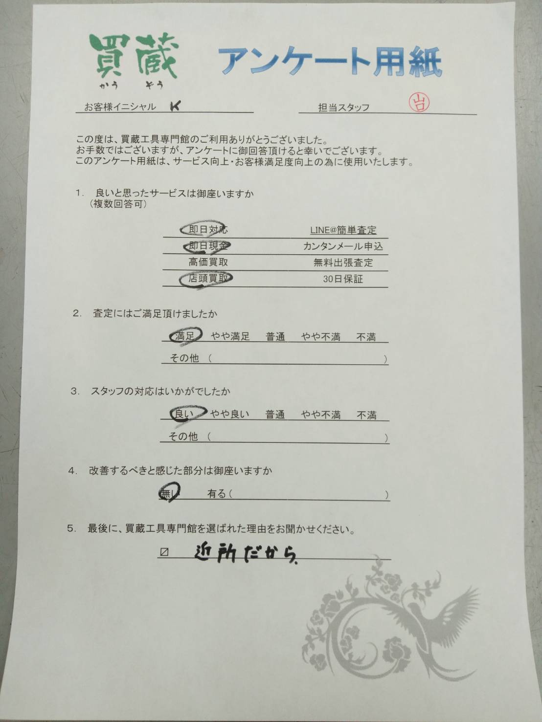 K様にご記入いただいたアンケート用紙