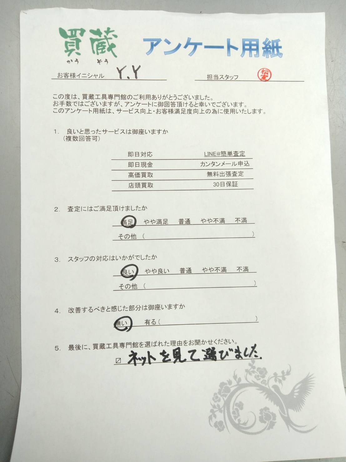 Y.Y様にご記入いただいたアンケート用紙