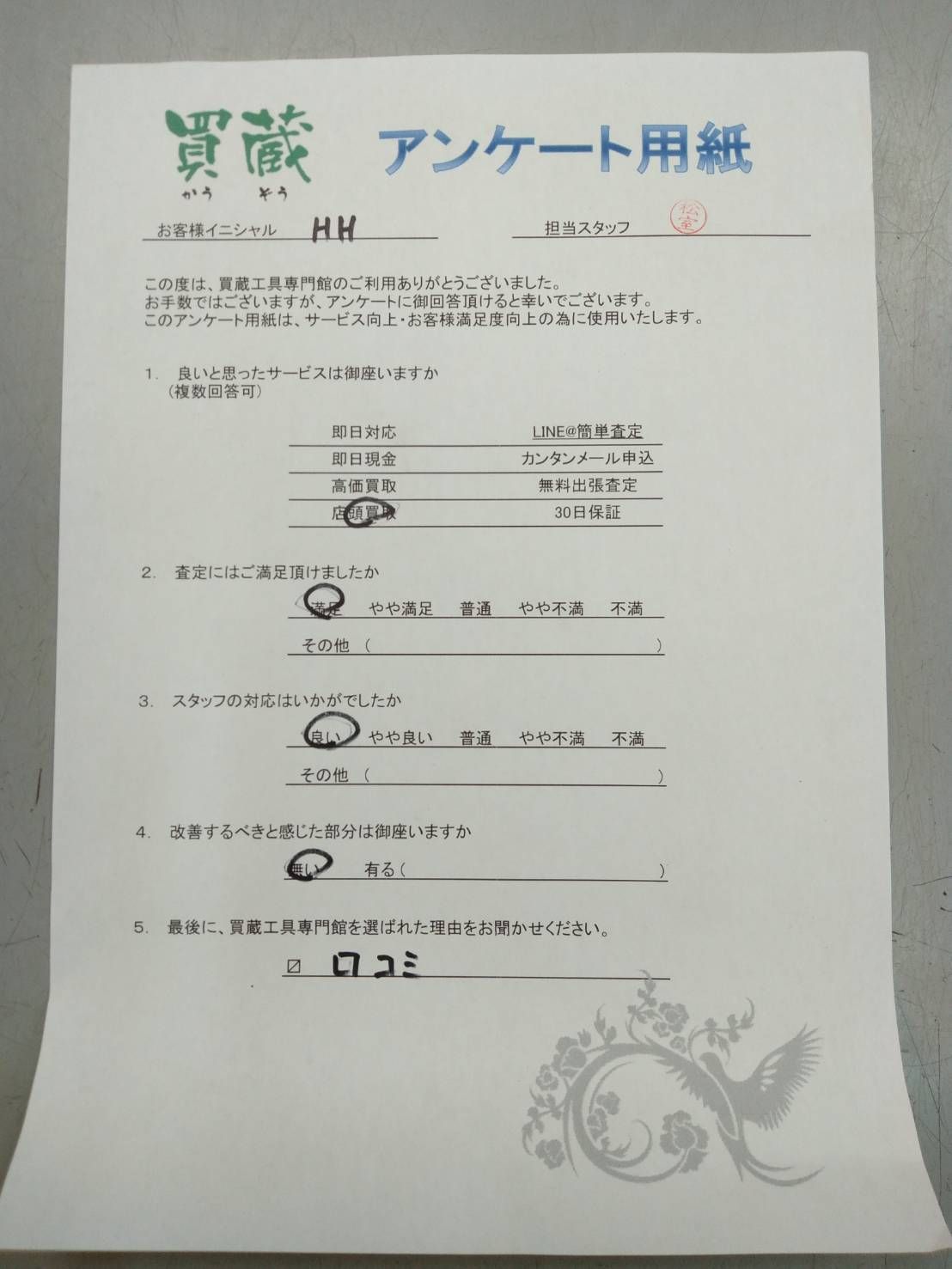 H.H様にご記入いただいたアンケート用紙