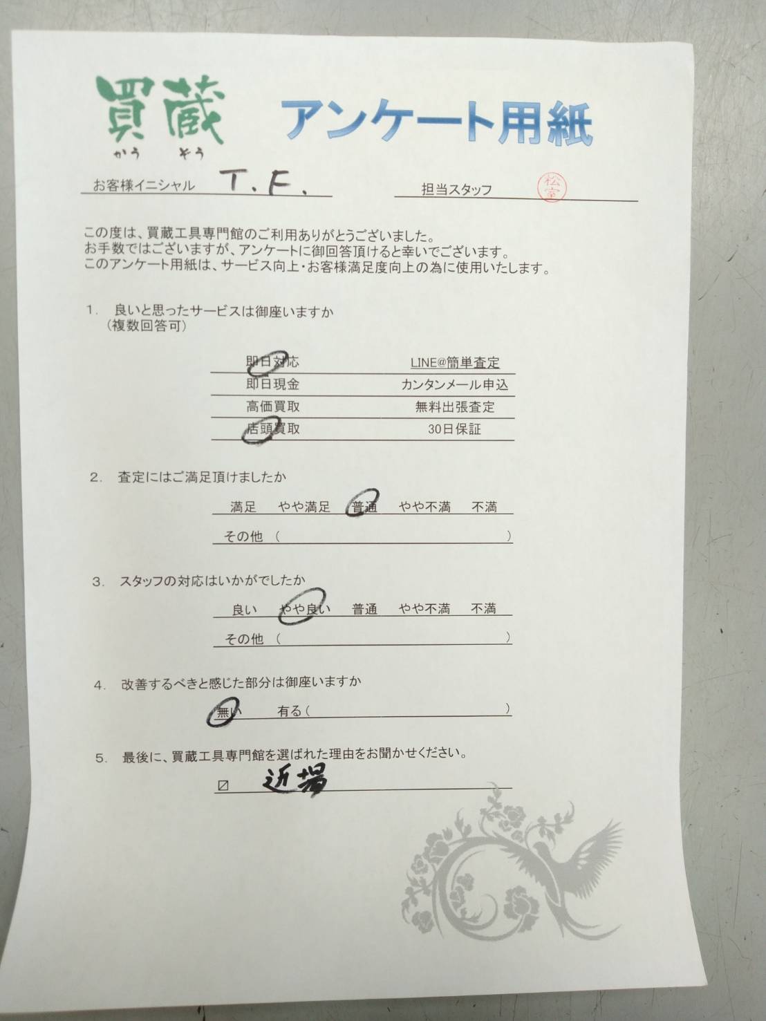 T.F様にご記入いただいたアンケート用紙