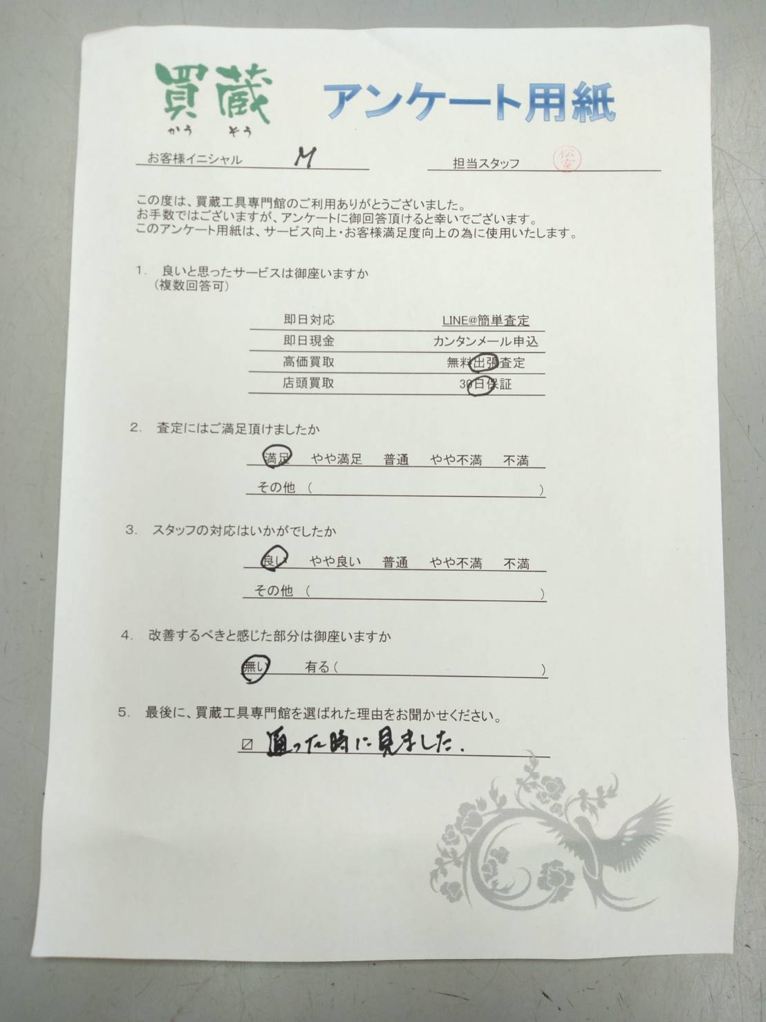 M様にご記入いただいたアンケート用紙