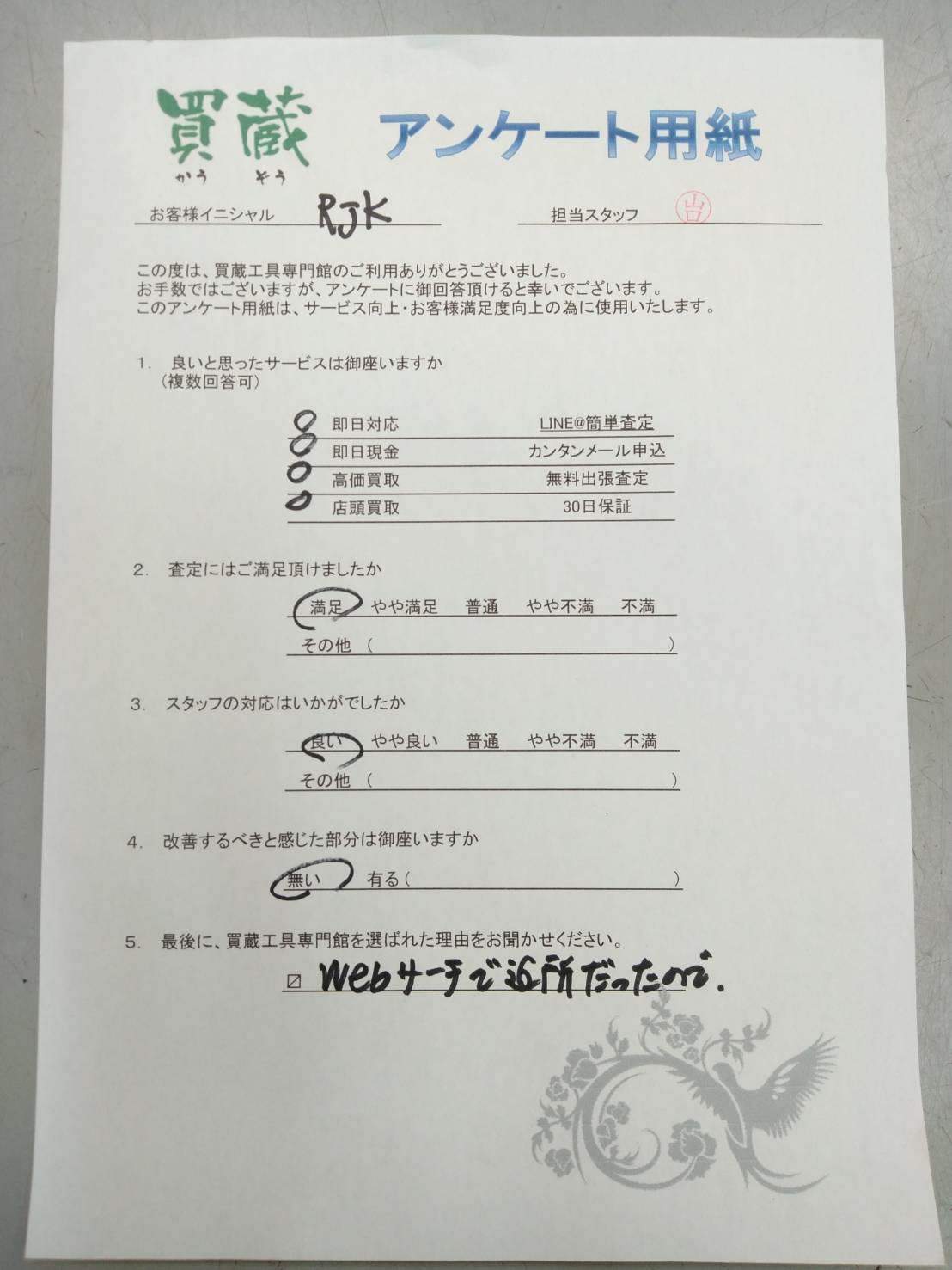 RJK様にご記入いただいたアンケート用紙