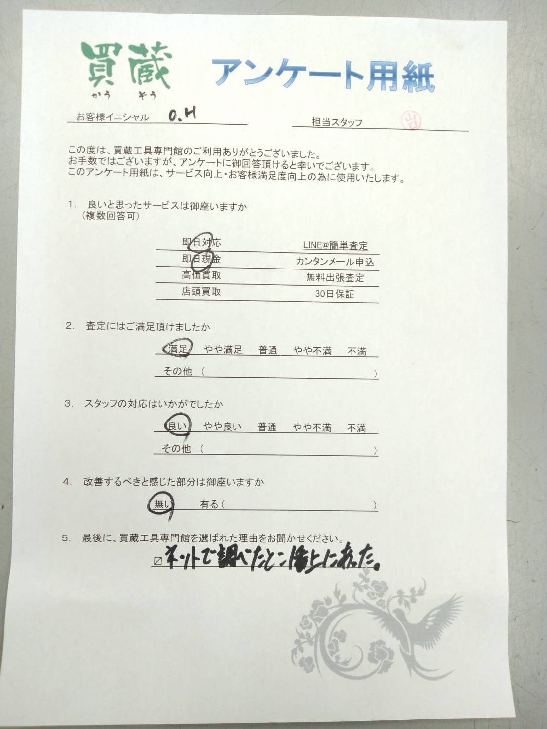 O.H様にご記入いただいたアンケート用紙