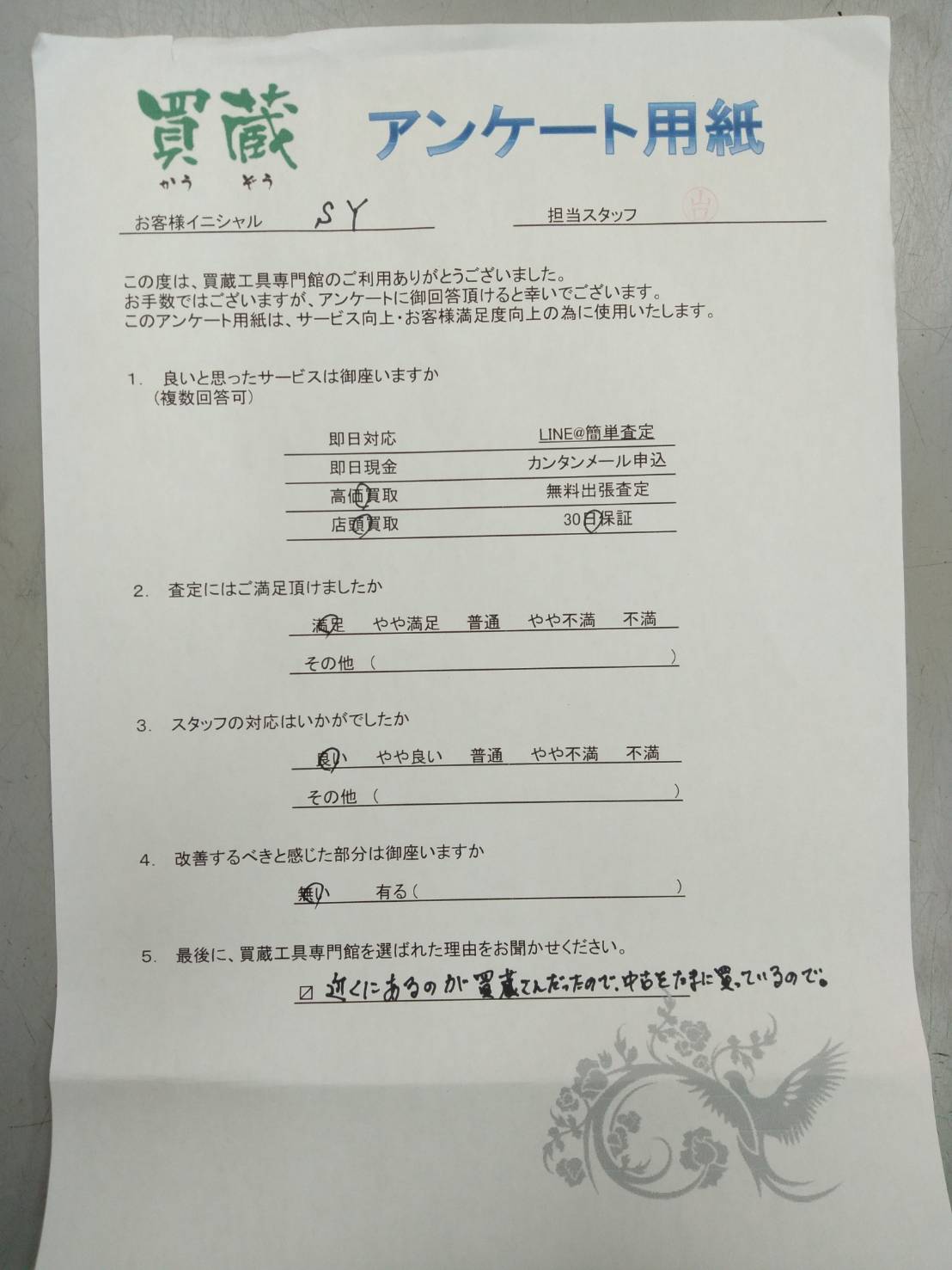 S.Y様にご記入いただいたアンケート用紙