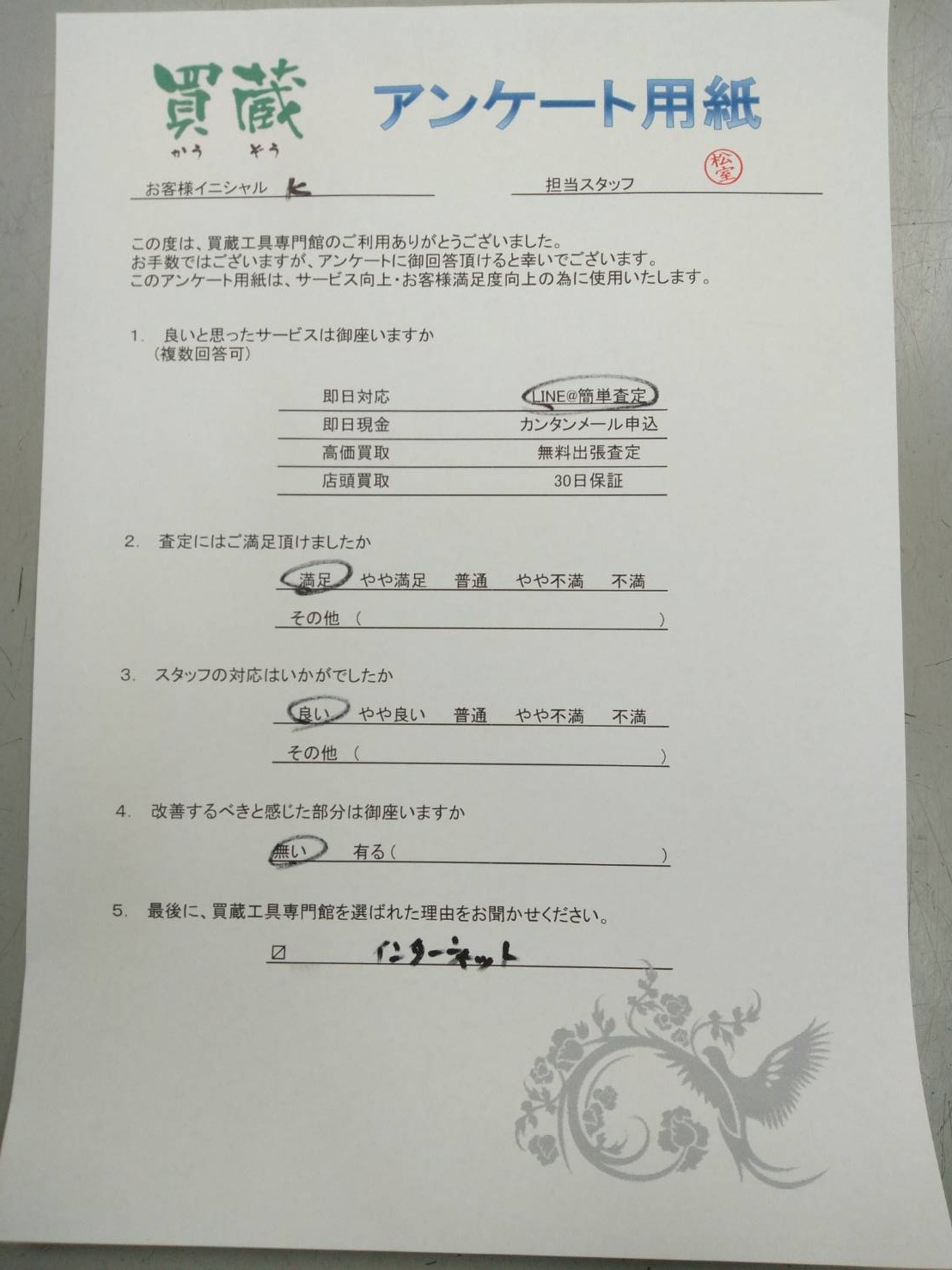 K様にご記入いただいたアンケート用紙