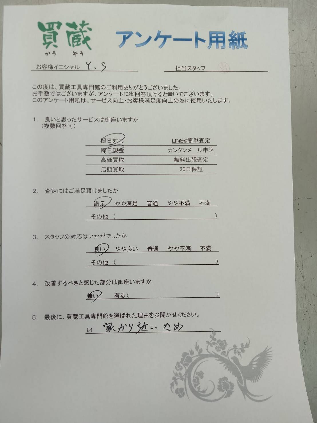 Y.S様にご記入いただいたアンケート用紙