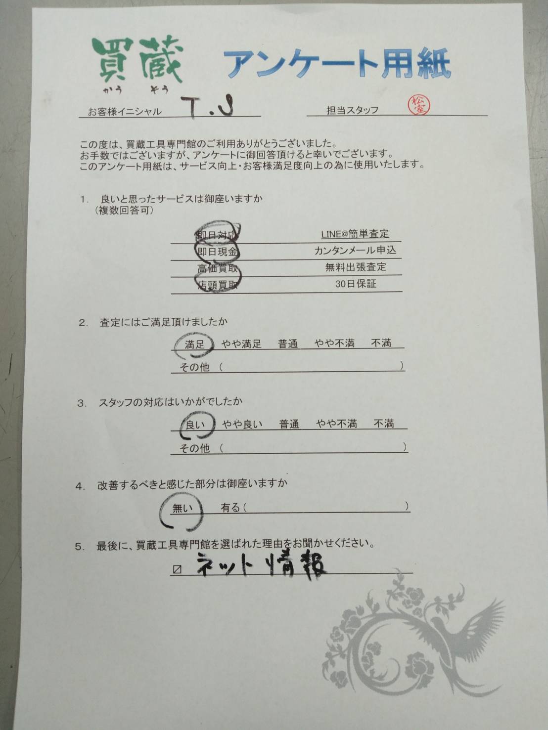 T.S様にご記入いただいたアンケート用紙