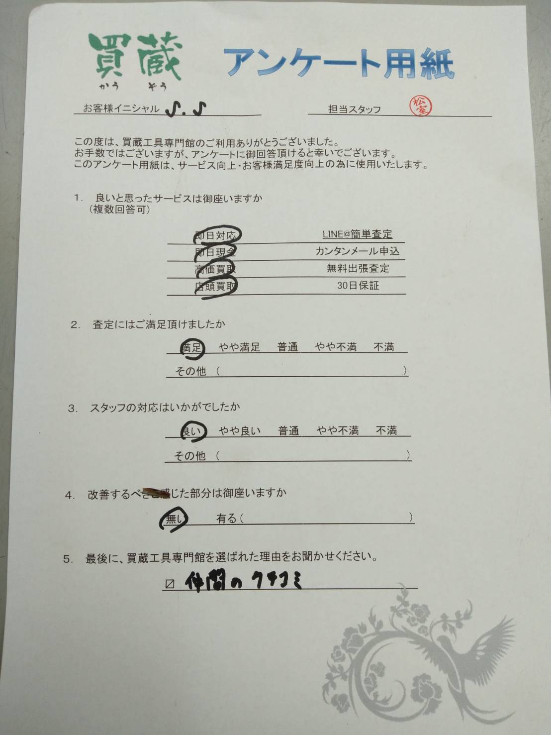 S.S様にご記入いただいたアンケート用紙