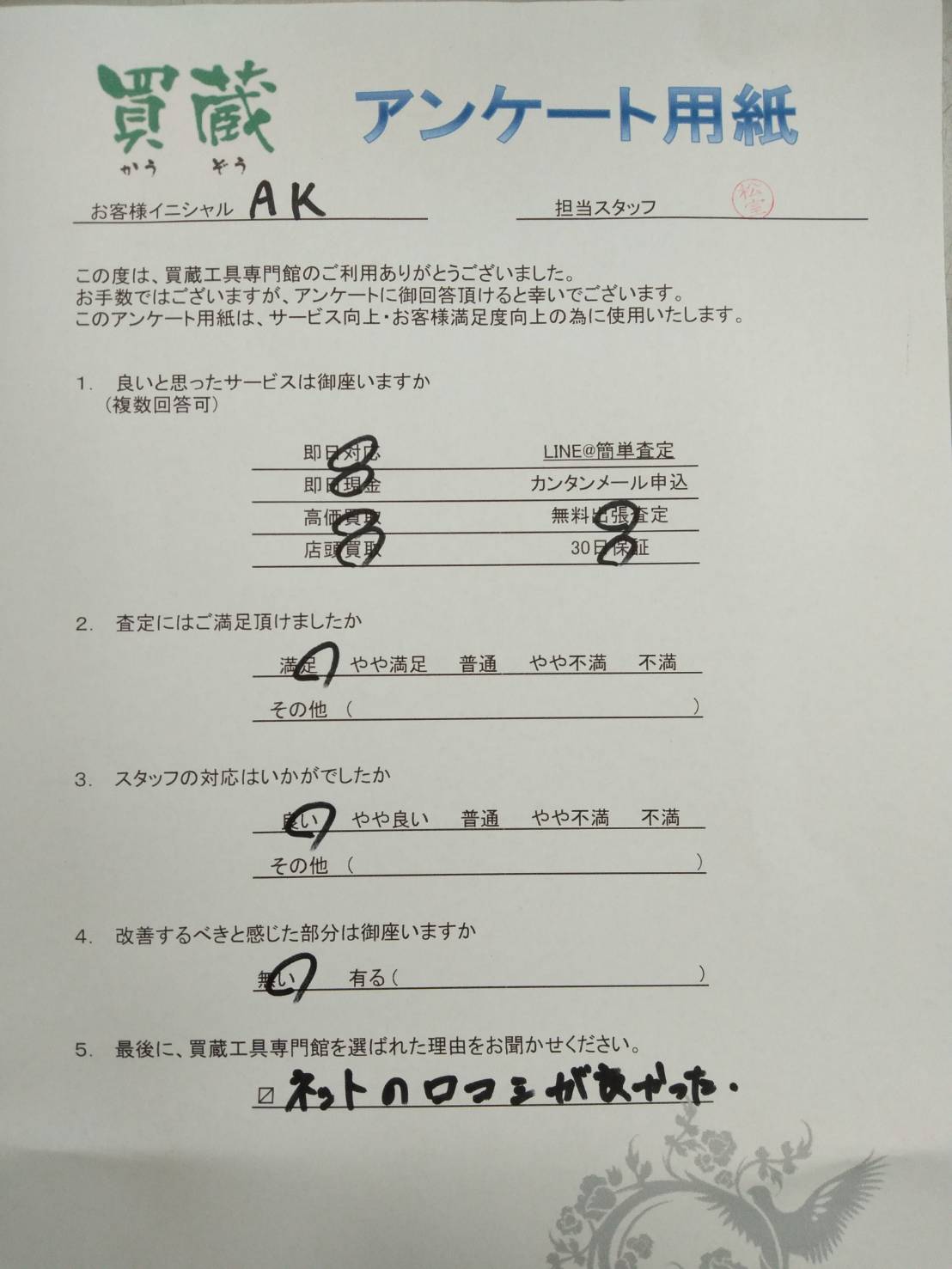 A.K様にご記入いただいたアンケート用紙