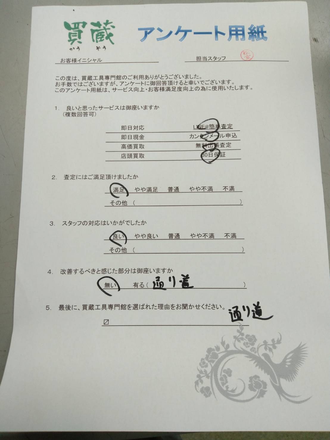 お客様にご記入いただいたアンケート用紙