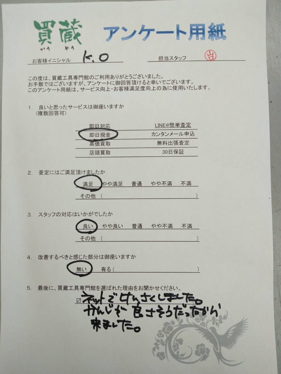 K.O様にご記入いただいたアンケート用紙