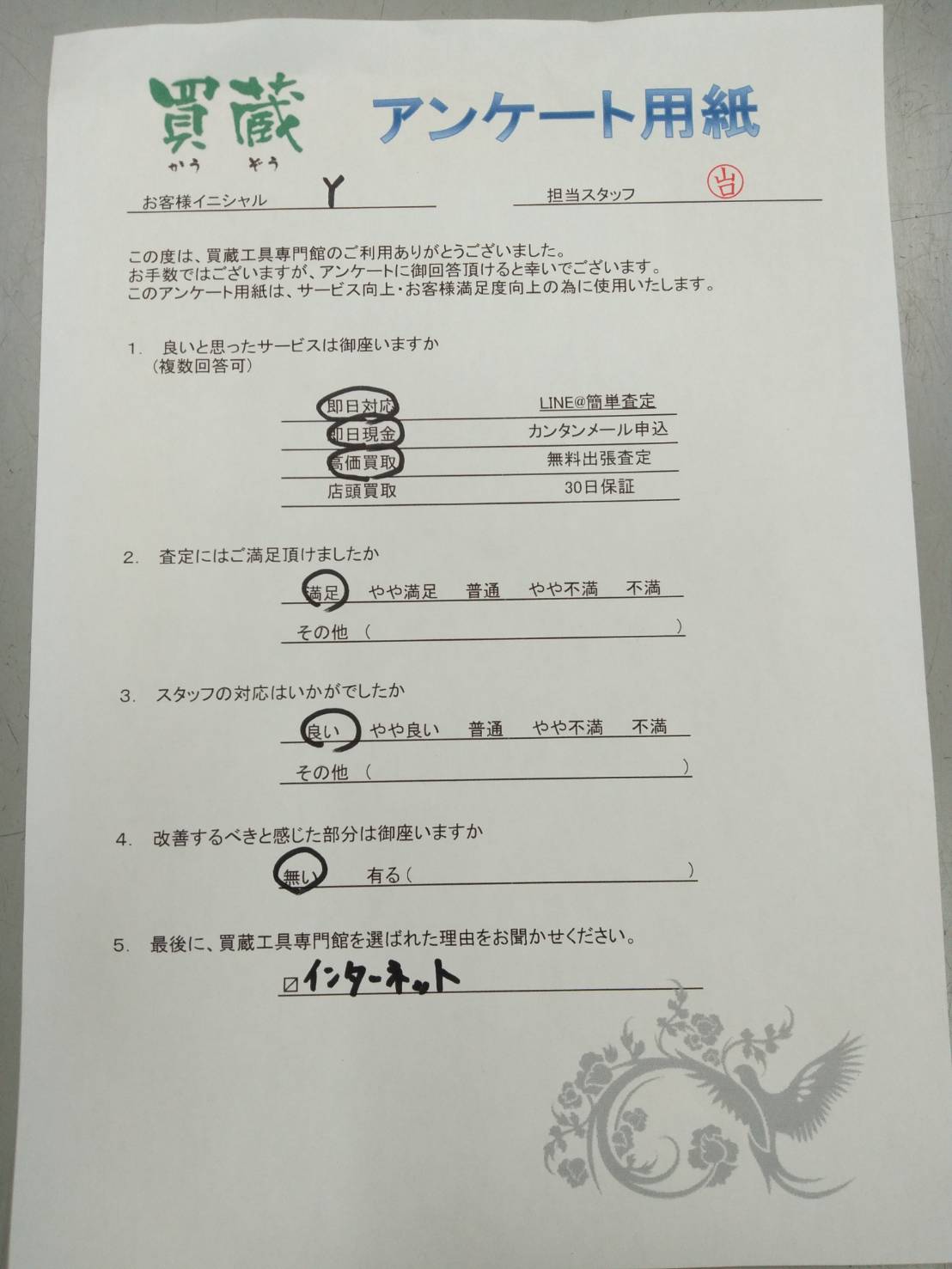 Y様にご記入いただいたアンケート用紙