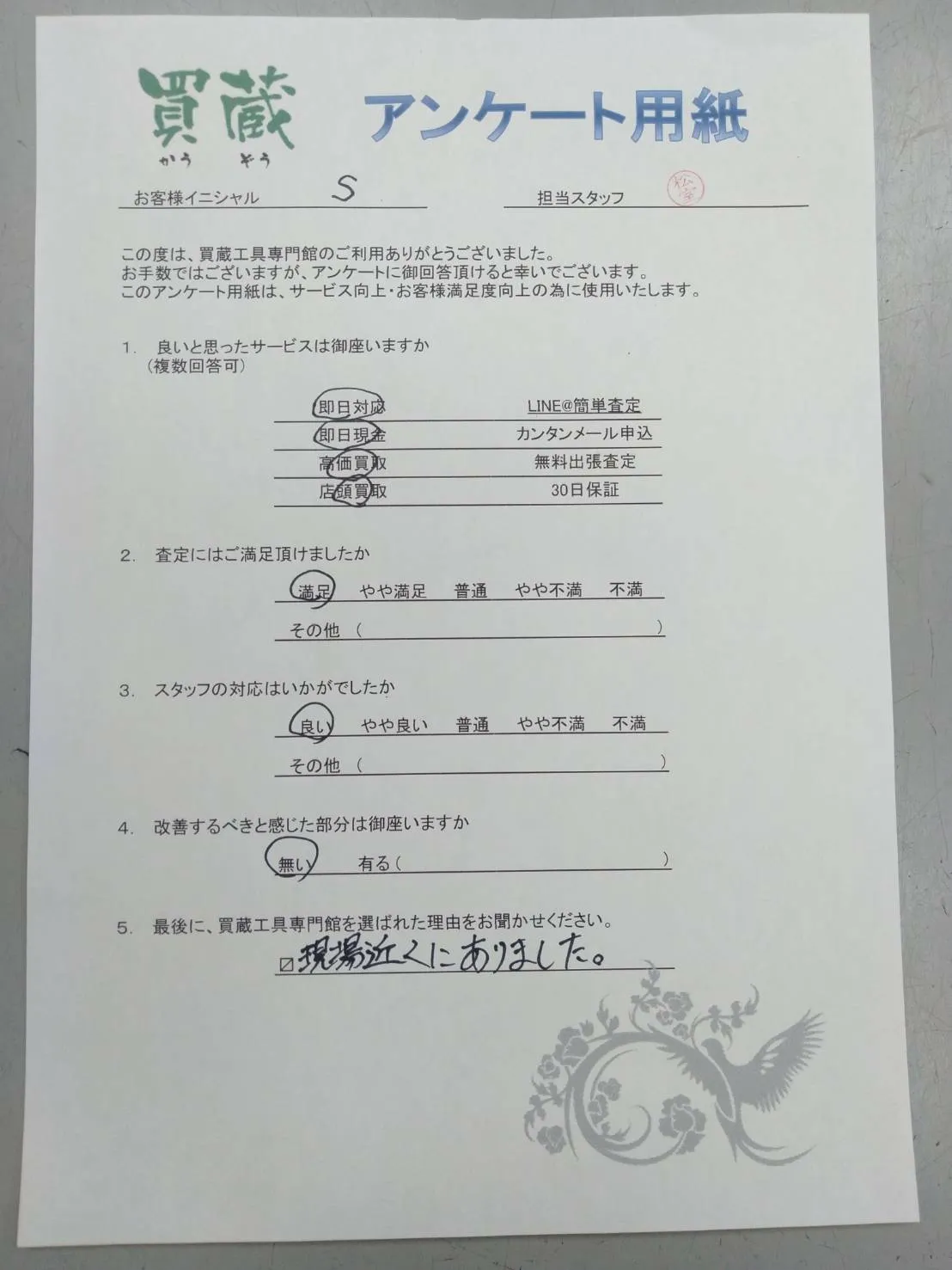 S様にご記入いただいたアンケート用紙