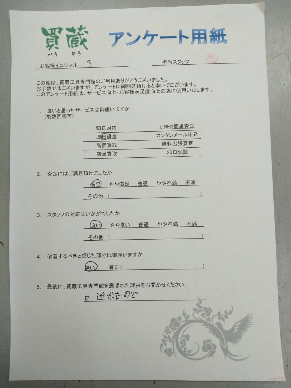 S様にご記入いただいたアンケート用紙