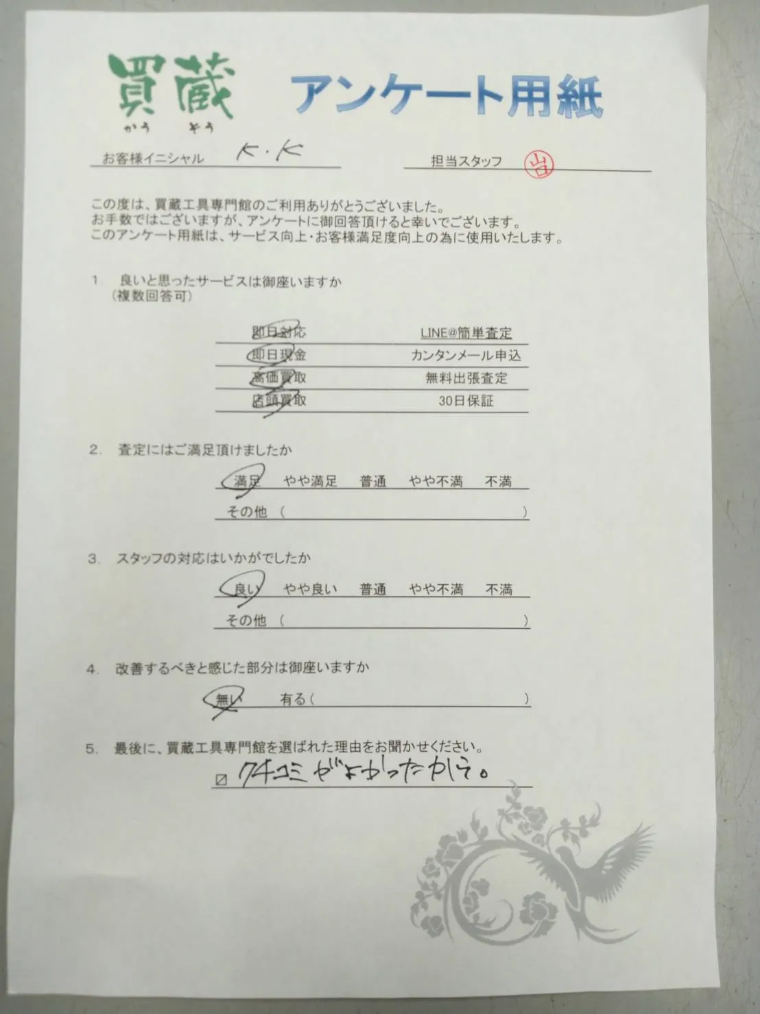 K.K様にご記入いただいたアンケート用紙