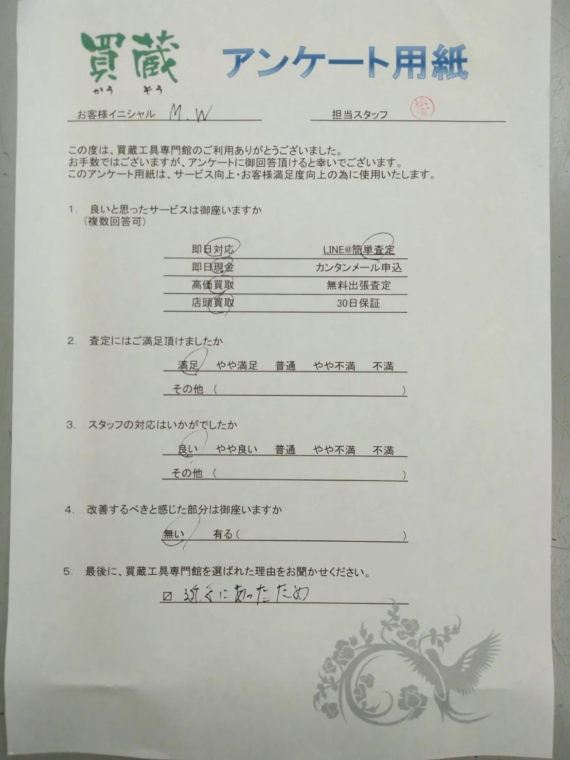 M.W様にご記入いただいたアンケート様子