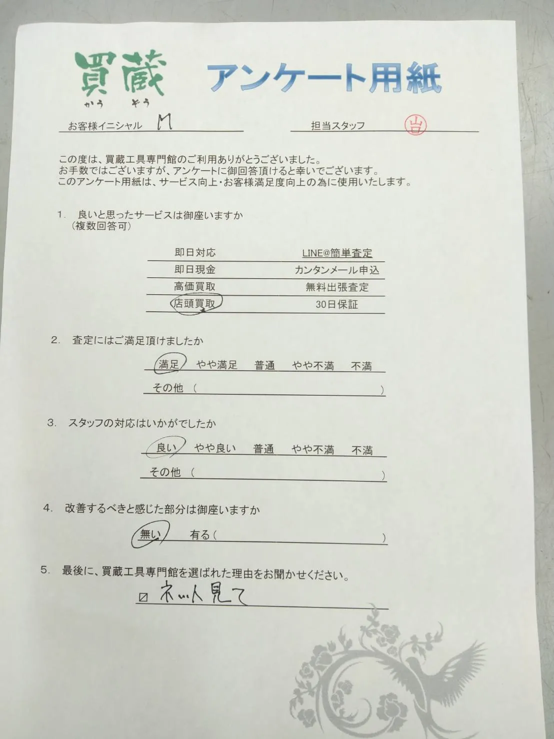 M様にご記入いただいたアンケート