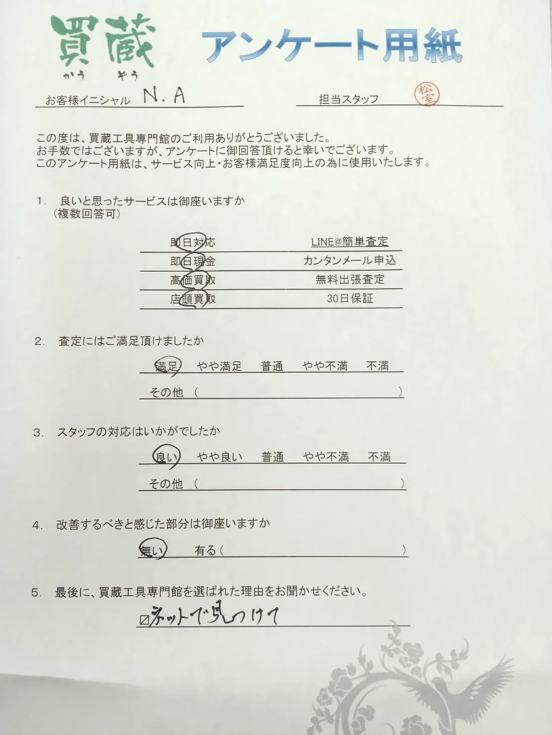 N.A様にご記入いただいたアンケート用紙