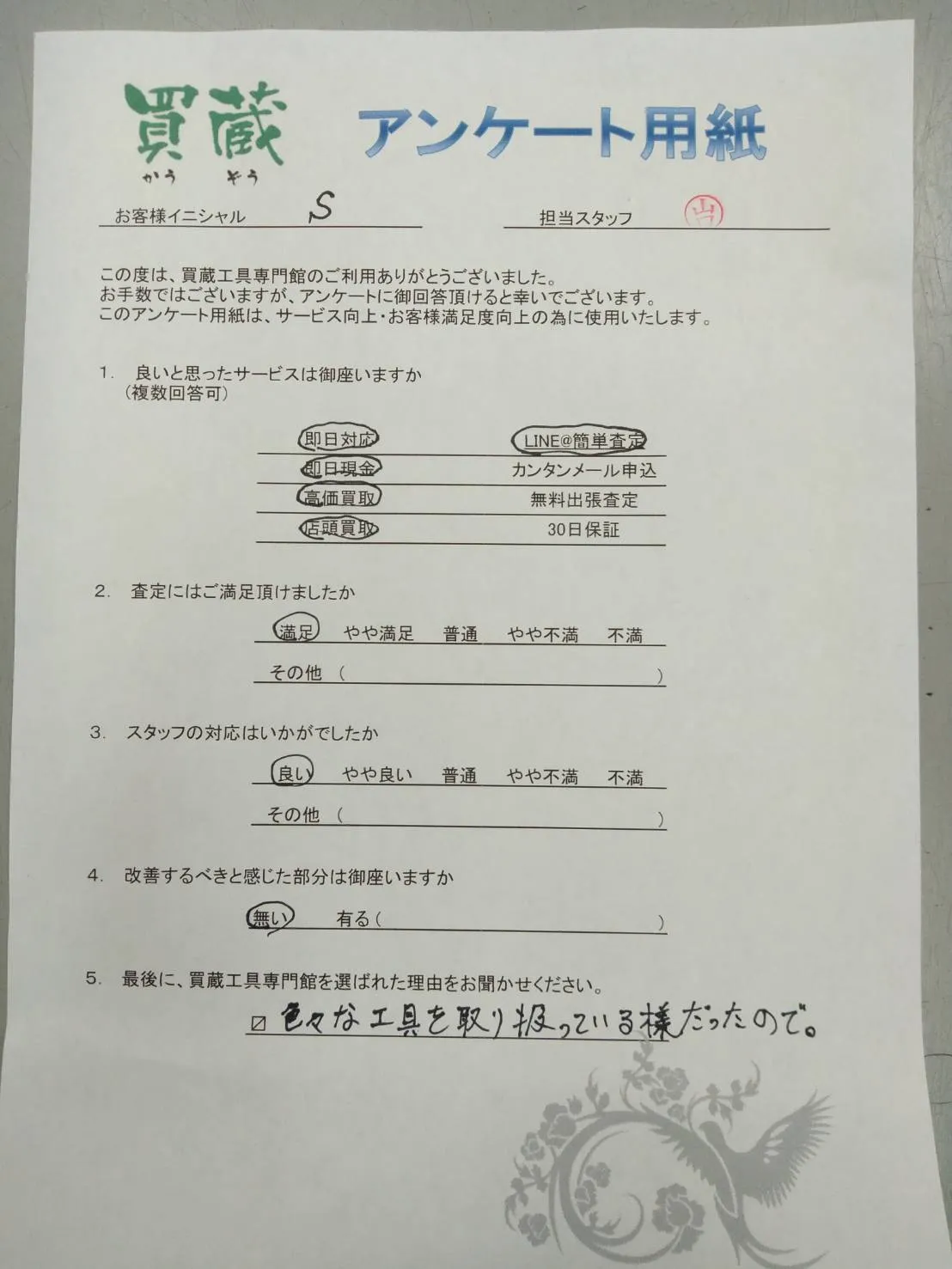 S様にご記入いただいたアンケート用紙