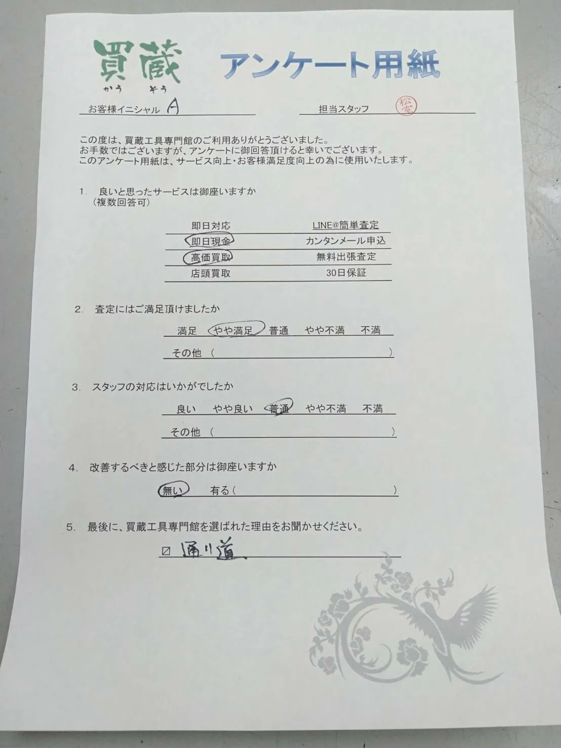 A様にご記入いただいたアンケート用紙