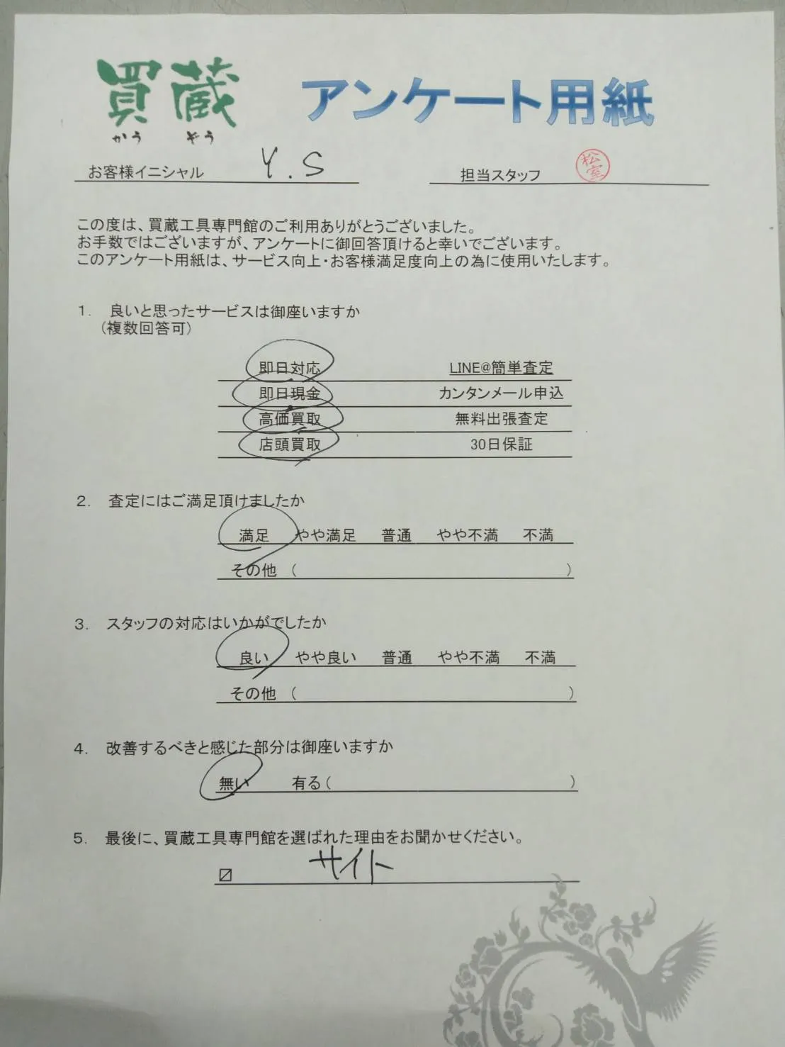 Y.S様にご記入いただいたアンケート用紙