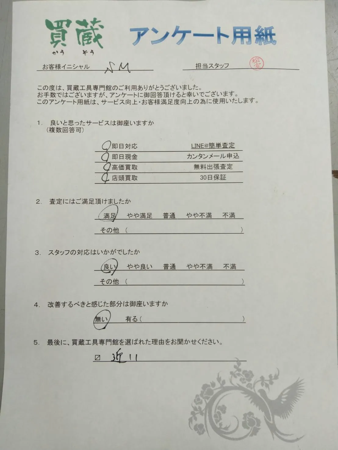 S.M様にご記入いただいたアンケート用紙