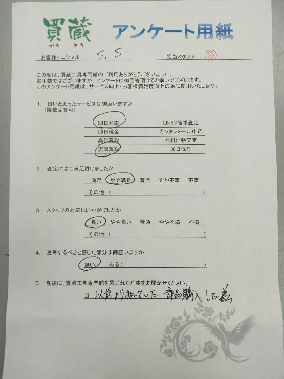S.S様にご記入いただいたアンケート用紙
