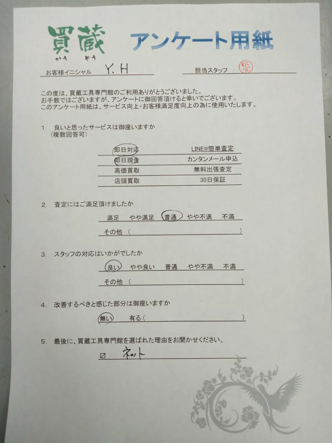 Y.H様にご記入いただいたアンケート用紙