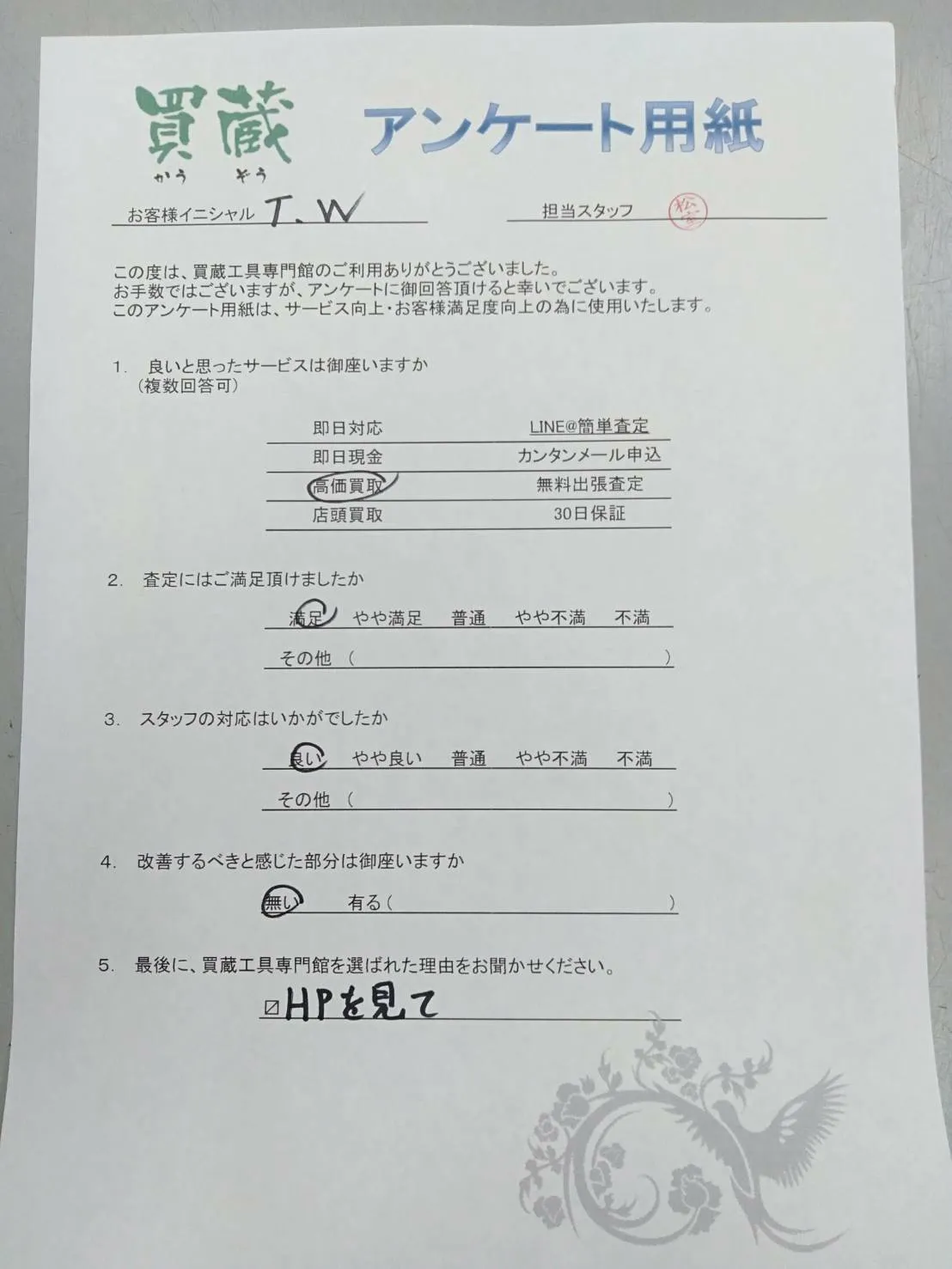 T.W様にご記入いただいたアンケート用紙